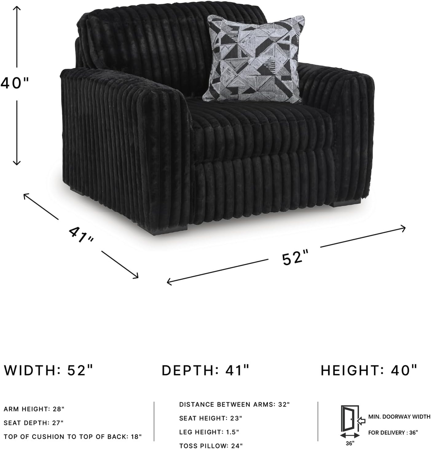 Signature Design by Ashley Midnight-Madness Modern Oversized Chair with Reversible Cushions, Attached Back, Fabric Upholstery, 52" W x 41" D x 40" H, Black