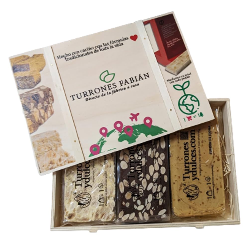 Lote de 3 Turrones Artesanos en Caja de Madera (Jijona, Alicante y Chocolate con Almendras) 3x300g (900g total)
