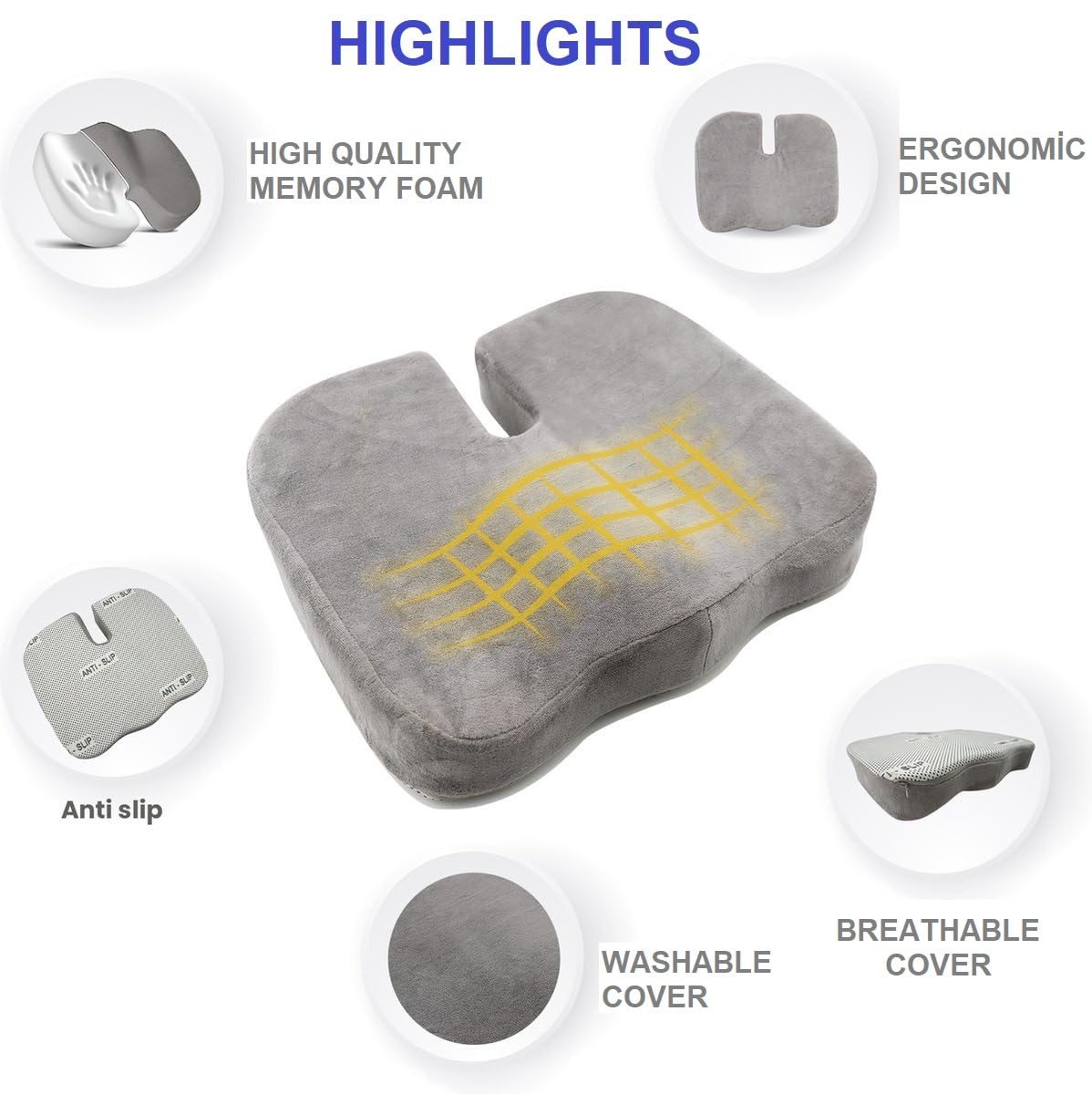 SLEEP COMFY Cojín ortopédico premium de espuma viscoelástica para alivio del coxis (dureza media), cojín para coxis para reducir el dolor, cojín de cadera y hemorroides para silla de oficina, silla de