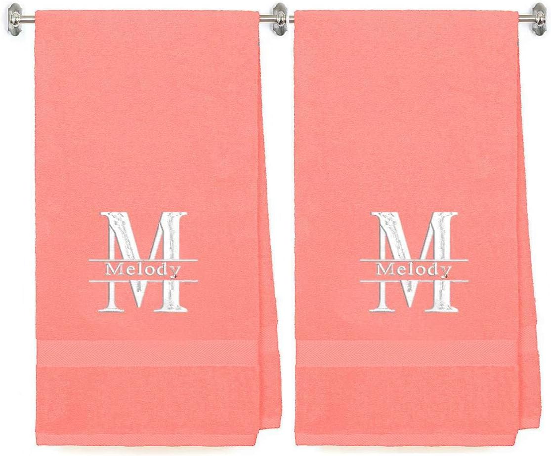 BY LORA Split Initial Personalized Towels, 100% Terry Cotton Bath Sheet Towels with Embroidered Name and Initial, Set of 2 for Bridesmaide, Anniversary, Wedding Day, Spa - Purple