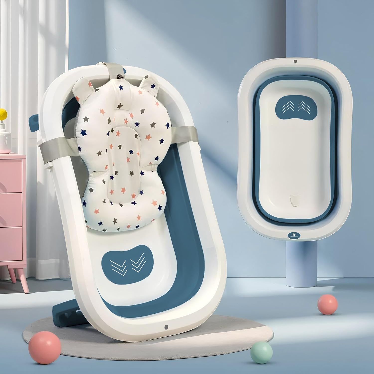 StarAndDaisy Bath Tub for Baby 0-5 Years/Foldable Bath tub for Kids 0-3 Years with Cushion, Space Saving Design, Newborn Baby Folding Bathing Tub Girls & Boys with Soap Tray, Easy to Store- (Blue)