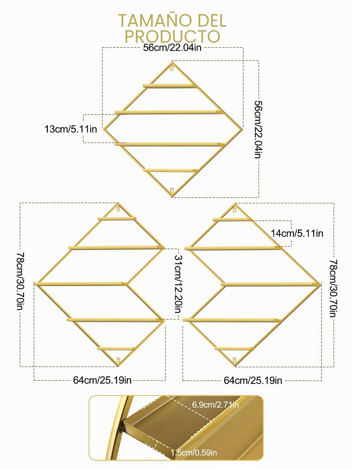Kalolary 3 Piezas Organizador Metálico para Esmaltes Uñas, Estante Exhibición Dorado Vitrinas Cosméticos Estante Pared Perfume Lápiz Labial Organizadores Aceite Esencial Hogar SPA Salón Uñas Tienda