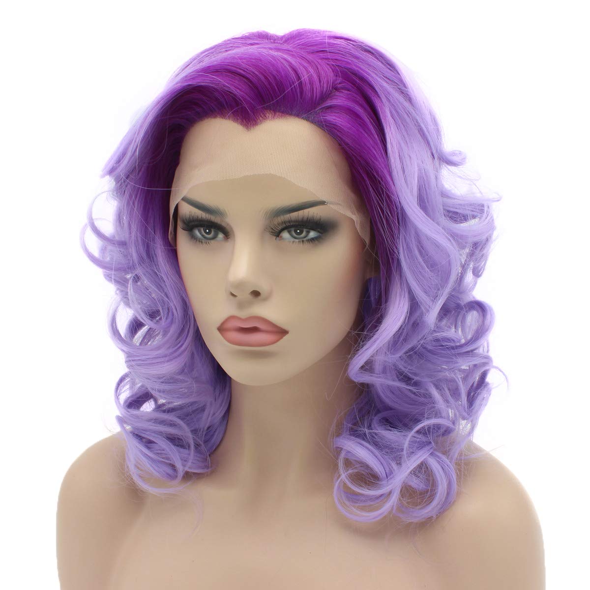 Lushy Hair Lace Front Synthetic Wig Medium Length 16inch Purple Root Light Purple Ombre Heavy Density Realistic Wig