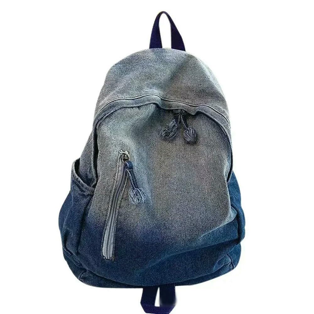 Sac à dos rétro en denim à grande capacité et fermeture éclair robuste - 4