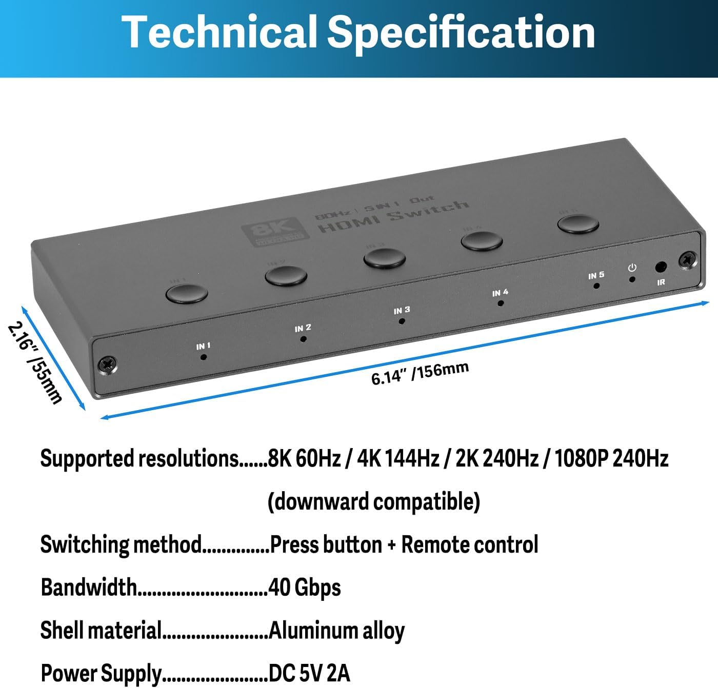 8K HDMI Switch 5 in 1 Out, Support 8K@60Hz 4K@120Hz 1080P @240Hz, HDR10, VRR, HDCP 2.3, Dolby Atmos, DTS X, CEC, Compatible with Xbox, Nintendo Switch, Roku, Apple TV, Fire Stick