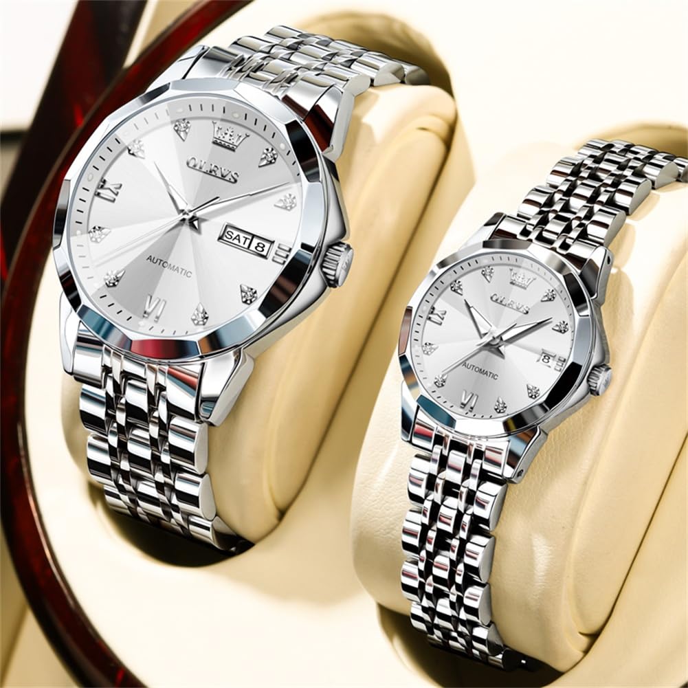 OLEVS Herren-Armbanduhr, Skelett, automatisch, luxuriös, großes Zifferblatt, mehrere Kalender, Edelstahl, wasserdicht, leuchtende Armbanduhr für Herren