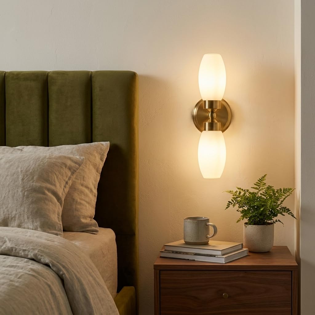 Alpinaluz Aplique de Pared para Baño con dos focos E14, Pantalla de Cristal Opal Blanco y Base de Metal Dorado, Protección IP44, Iluminación Suave y Elegante para Espejos y Tocadores Modernos