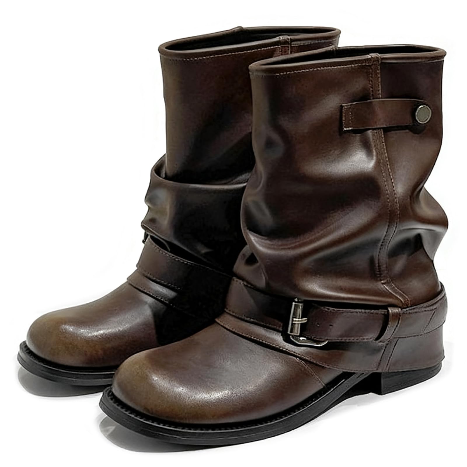 Womens Vintage Leather Chunky Heel Slouchy Ankle Boots Fashion Wide Round Toe Comfort Low Block Heel Pull On