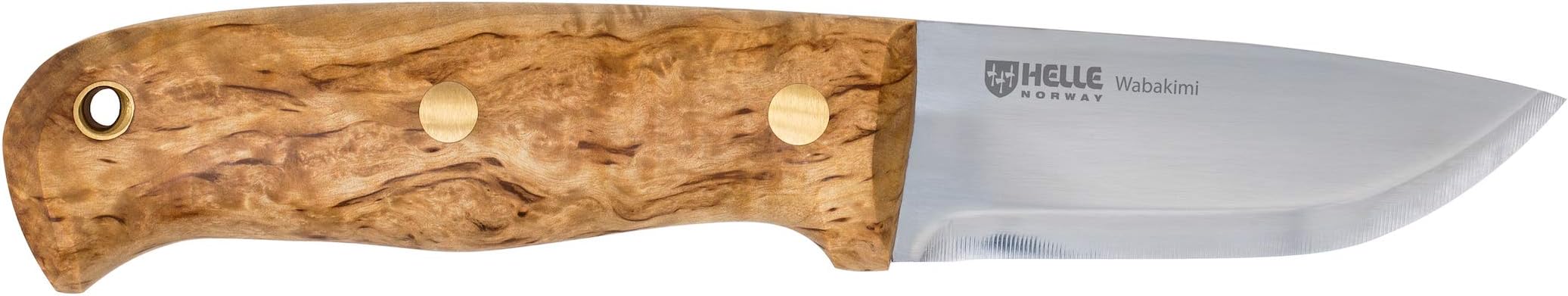 HELLE Knives - Wabakimi - Triple Laminated Stainless Steel Fixed Blade - Curly Birch Wood Handle - Leather Sheath - Traditional Field Knife for Camping, Fishing, Hunting, Men & Women - Made in Norway