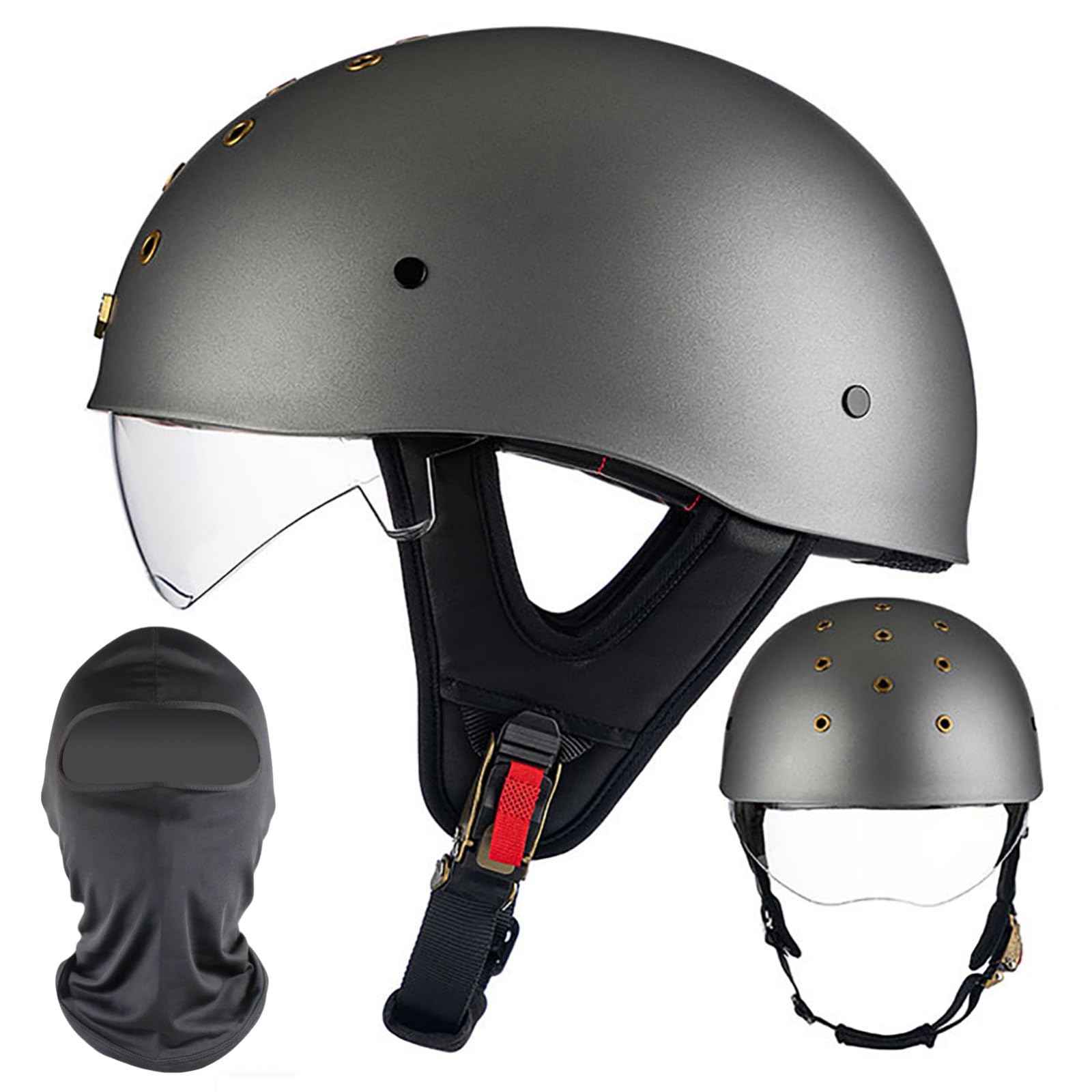 XYYYM Vintage Open Face Motorcycle Helmet, Men Women Motorbike Half Helmets with Sun Visor, Adults Bike Cruiser Moped Scooter Jet Helmet, DOT/ECE Approved 54-63cm