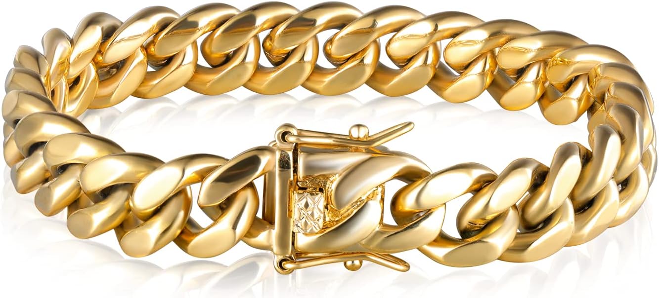 ZsllzmCuban Link Bracelet for Men Women ,14k Real Gold Plated Miami Cuban Bracelet , 6-18mm Width ,8/8.5/9 inch Length Stainless Steel Bracelet,Stainless Steel Fashion Jewelry Bracelet- Send Gift Box(Father Day Birthday Valentine's Day Christmas Gifts)