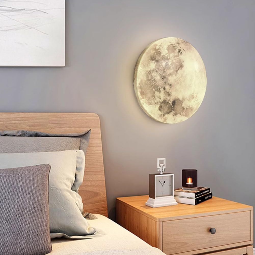 LED Mond Wandleuchte Innen Dimmbar mit Fernbedienung 48W Nachttischlampe Runde Deko Wandlampe Mond Modern Design Nacht Licht Hintergrund Wandbeleuchtung für Schlafzimmer, Wohnzimmer,A,48CM
