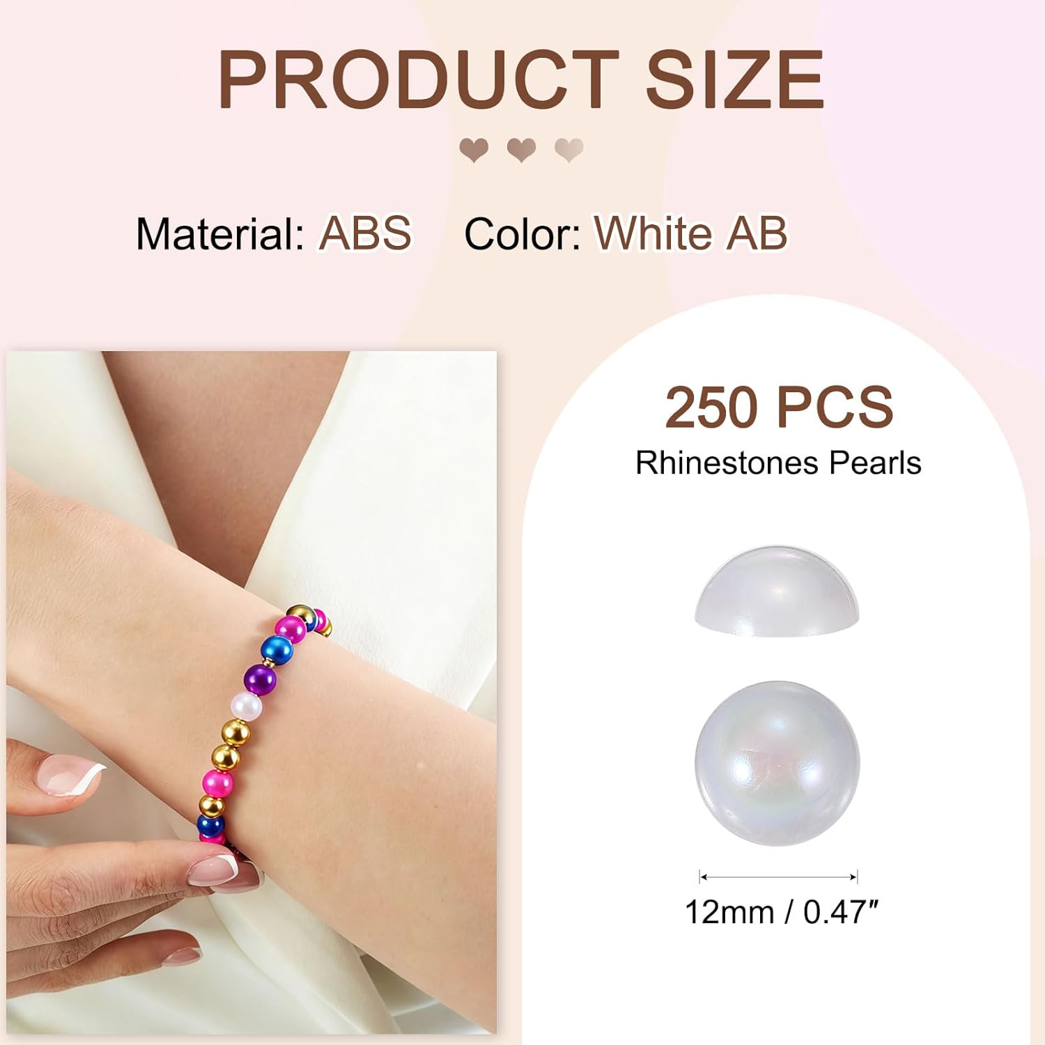 PATIKIL 250 Pcs White AB Half Round Pearls Beads, 12mm ABS Flatback Rhinestones Pearls for Crafting Jewelry Making DIY Nail Art Clothes Wedding Art Decoration - Image 2