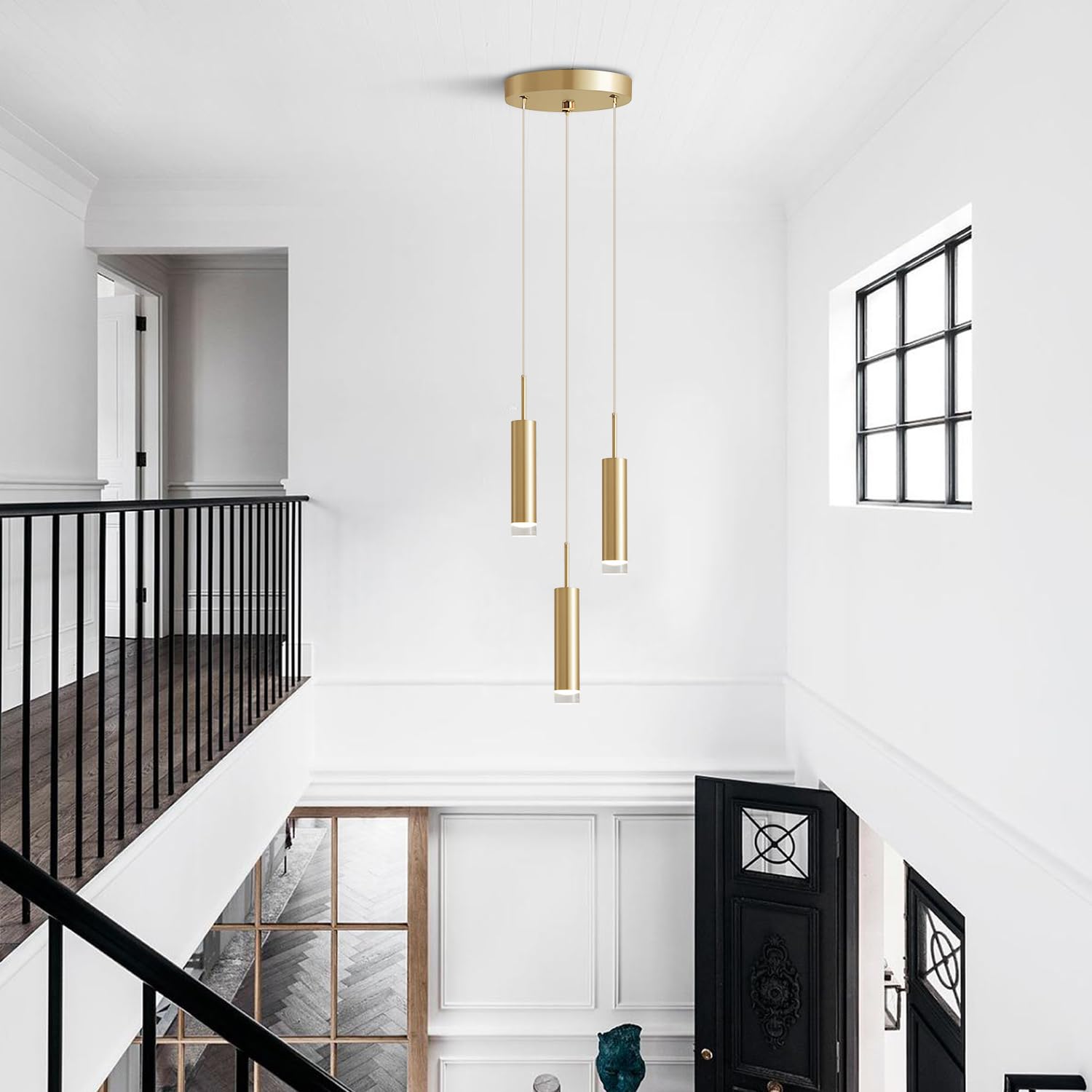 KCO Éclairage à 3 lumières en forme de cylindre doré pour îlot de cuisine - Laiton brossé et métal - Long tube - Suspension réglable - Style industriel - Ferme industrielle