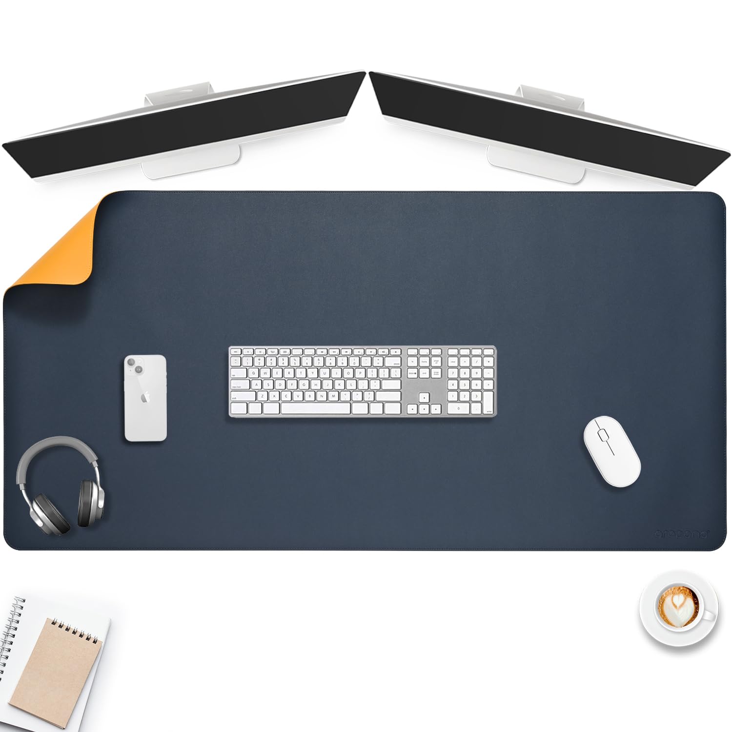 AROPANA Vegan Leather Desk Mat 120x60cm | Large Reversible Mouse Pad & Computer Table Protector | Dual-Side Waterproof Extended Laptop Pad with Edge-Stitched Design (Navy Blue and Yellow) 3