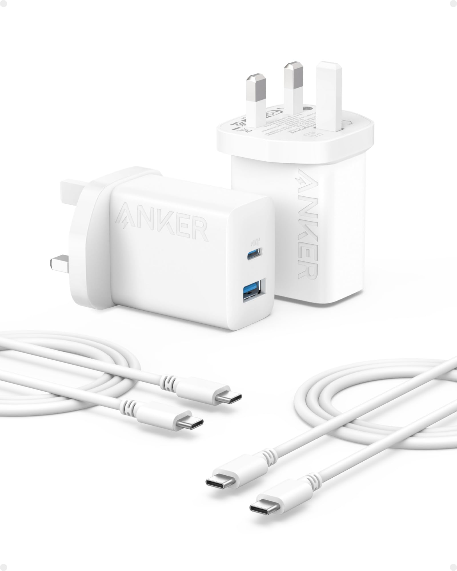 AnkerUSB C Charger, iPhone Fast Charger,2-Pack 20W Dual Port Plug,Type C Charger for iPhone 16/16 Pro/16 Pro Max/15/14,iPad,AirPods,Samsung S25/S24/S23(2-Pack 5 ft USB-C Cables Included)