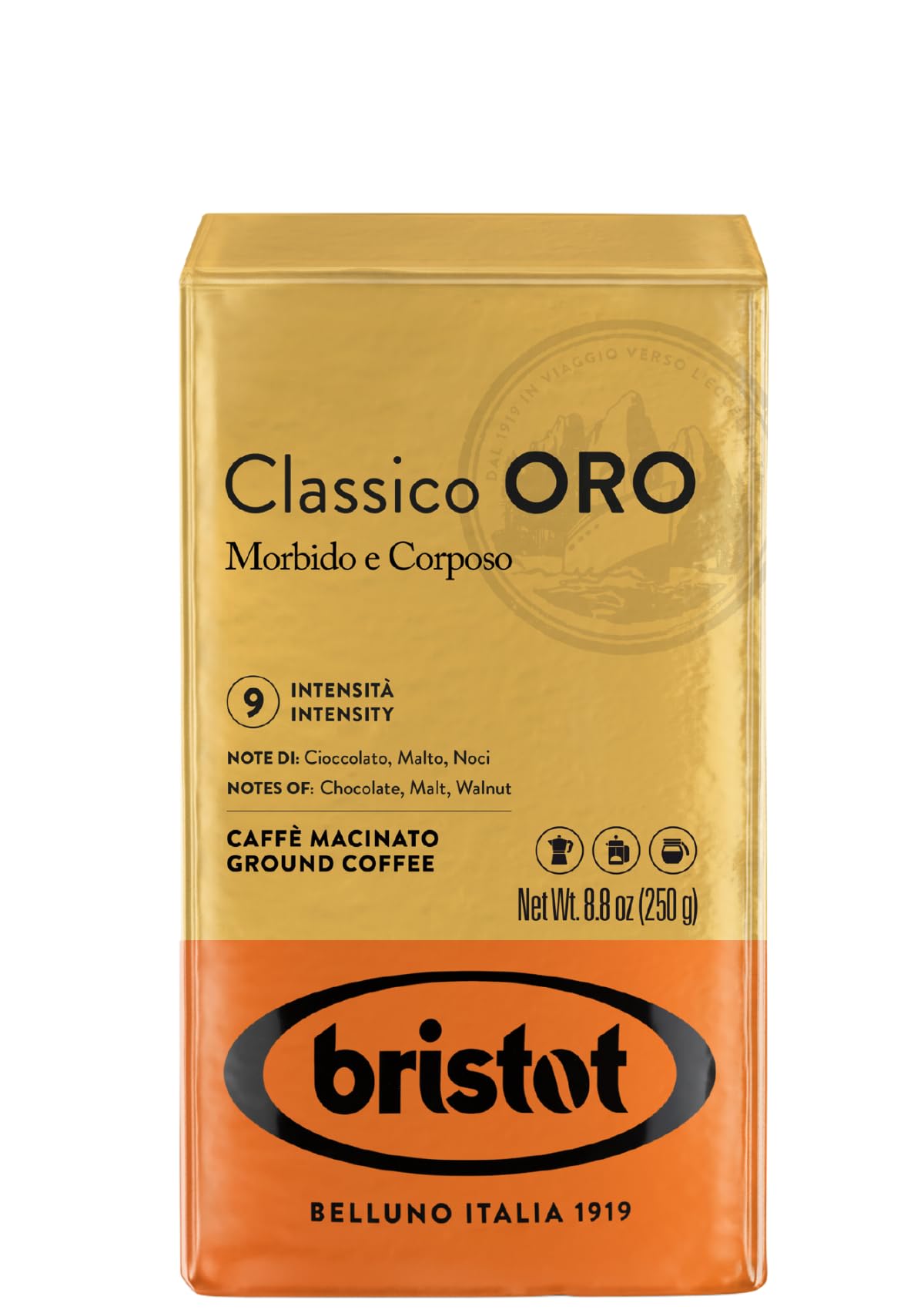 Bristot Classico Oro Italian Ground Espresso Brick – Smooth & Full-Bodied – Medium Roast – For Moka, French Press & Pour Over – 8.8 oz – 250 g