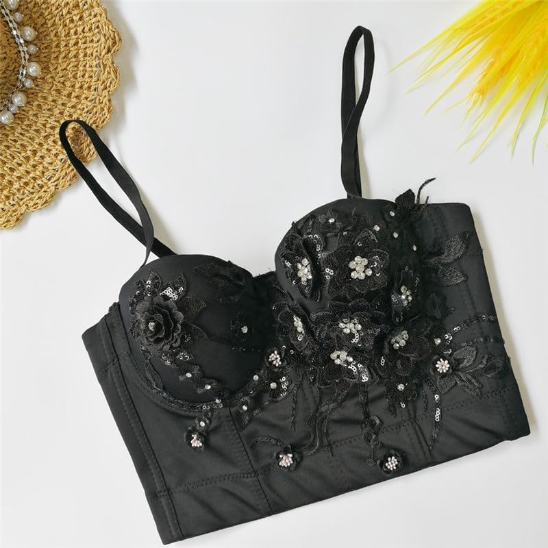 Women's Tops with Bra Pads Slim Fit Embroidered Flowers, Beaded Underwear Performance Vest for Women