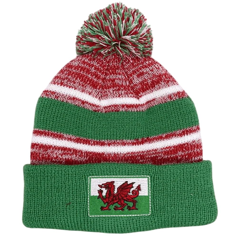 Manav Unisex Green Red White Wales Welsh Cymru Green Stripe Bobble Hat Knit Cuffed Fisherman Beanie Thermal Winter Hats Warm Stylish For Men Women