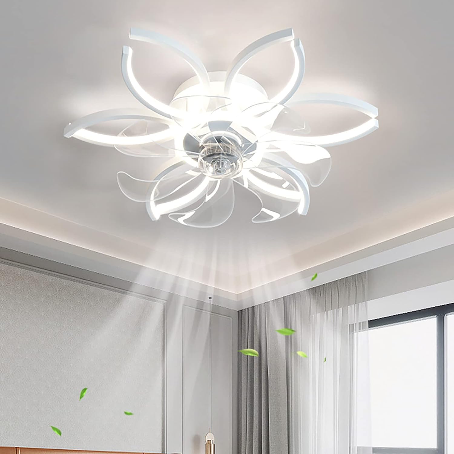 YUEGOO Ceiling Fans with Lamps,Remote Control App Control Modern Flower Led Dimmable Silent Ceiling Fan Chandelier 6 Speed Timer Dc Reversible 60W Ceiling Fans with Lamps for Bedroom Living/White/69Cm