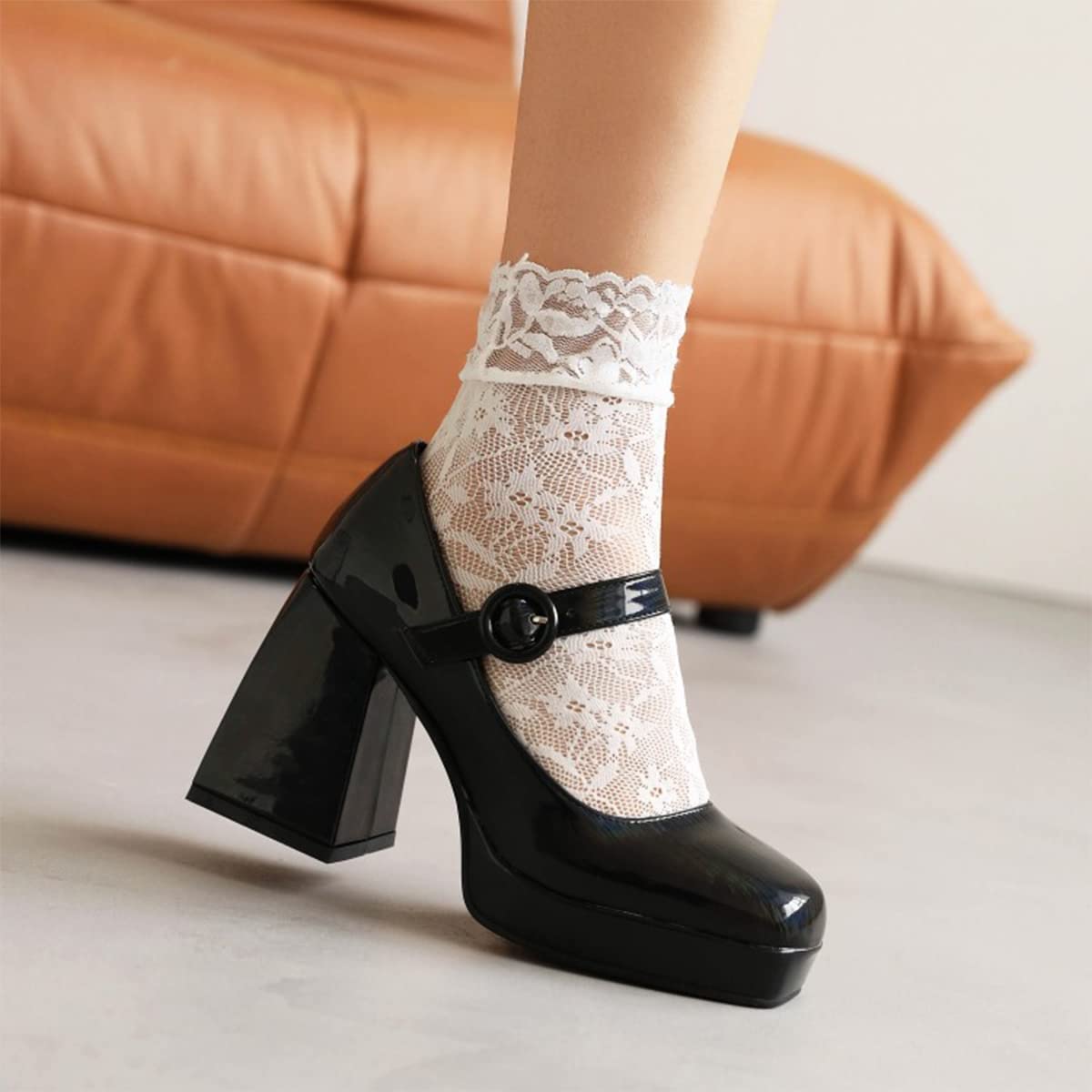 Scarpe Mary Jane Donna Con Tacco Grosso E Plateau - Décolleté In Pelle Verniciata, Punta Quadrata E Fibbia Alla Caviglia