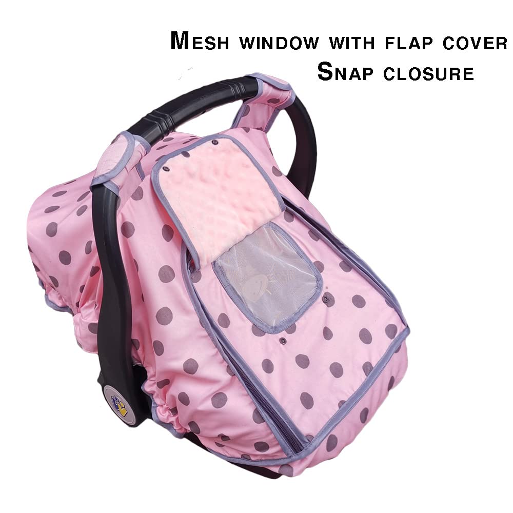 Carseat Cover Girls, Baby car seat Covers for Infant car seat, Baby Carrier Cover Canopy, Window in Door Zipper Open, 2 Layers, Pink dots;