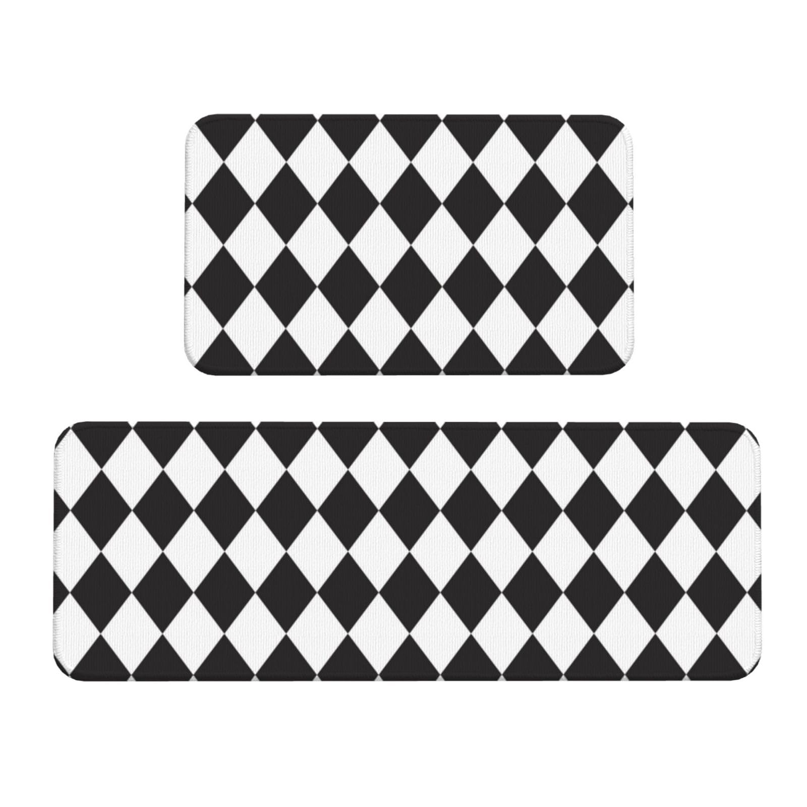 GVYGVY Antifatigue Kitchen Mats for Floor 2 Piece - Black White Harlequin Print Kitchen Rugs Washable, Non Slip Runner Rug Standing Mat for Office/Bathroom/Laundry/Home Decor and Accessories