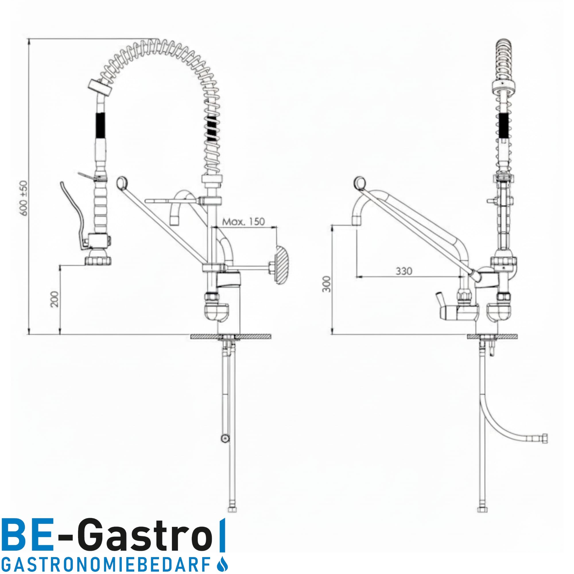 BE-GASTRO I Grifo Industrial Hostelería - Alcachofa de ducha (incluye grifo, grifo mezclador y mango ergonómico de palanca larga, alcachofa gastronómica con accesorios (60 cm)