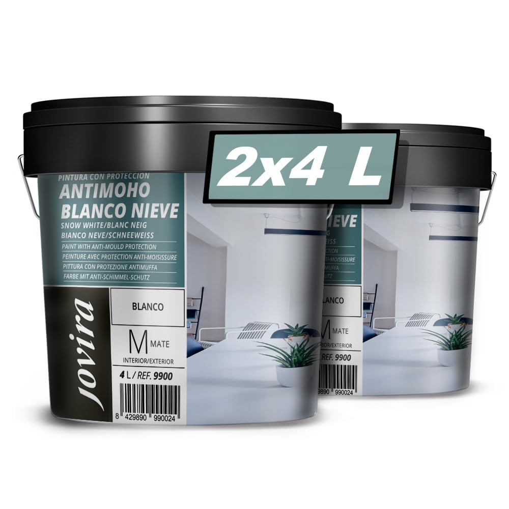 JOVIRA PINTURAS Pintura con Protector Antimoho, Blanco Nieve. Pintura mate de buena cubrición y blancura (2x4 Litros) A-9
