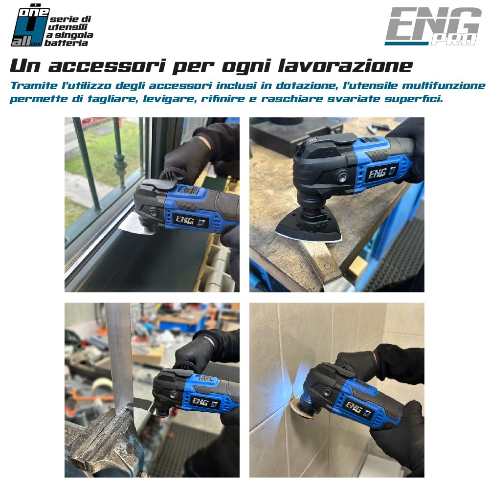 Utensile multifunzione - Linea professionale a Batteria ONE4ALL 20V - Velocità regolabile Max 20000 rpm - Accessori + Borsa Porta Utensili, 1 Batteria 4.0Ah e Caricabatteria inclusi - ENG PRO