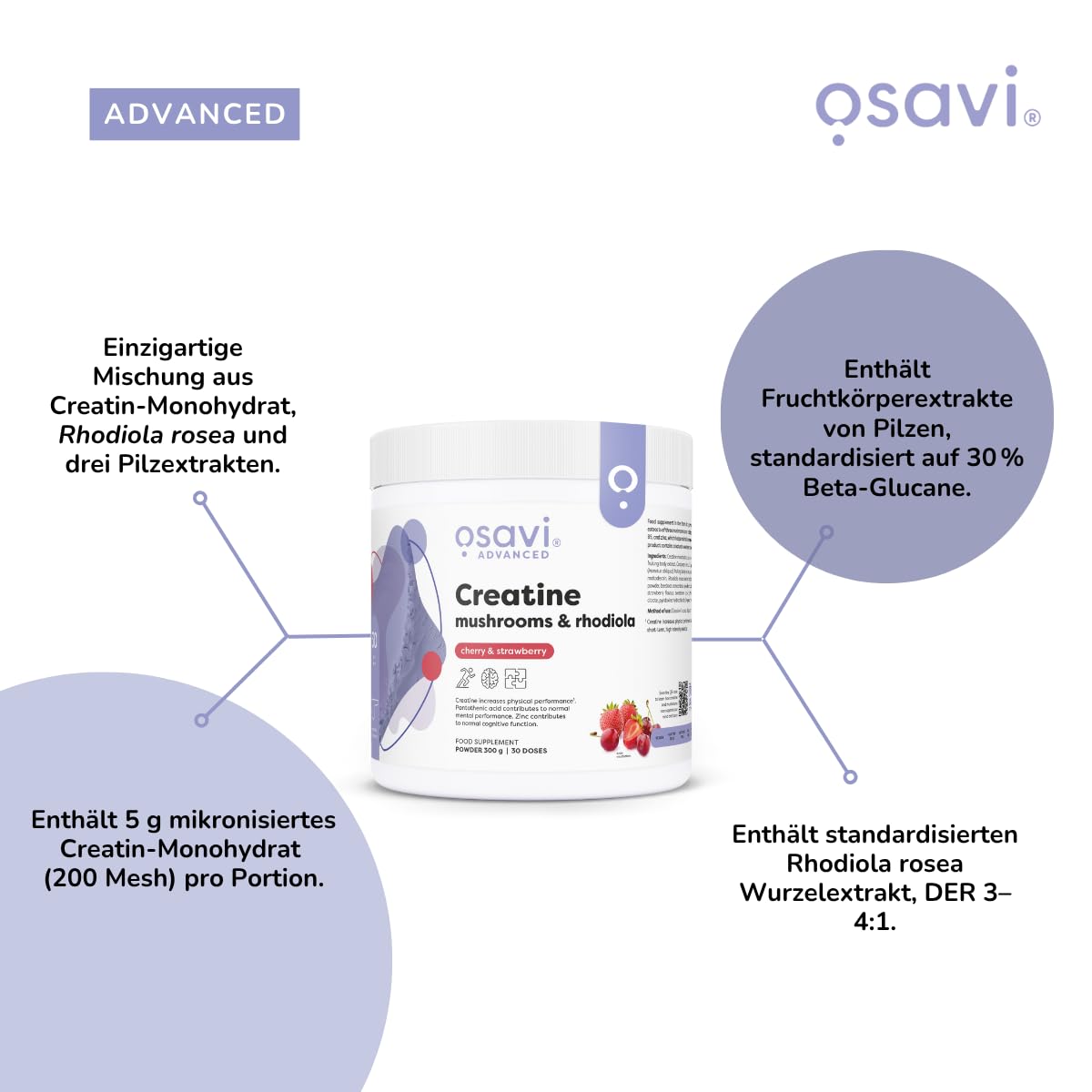 Osavi Kreatin + Pilze & Rhodiola – 300 g Pulver | Kirsche & Erdbeere | Mit Löwenmähne, Cordyceps & Chaga | Steigert die Leistung bei kurzen, intensiven Belastungen | Vitamin B6, B5 & Zink