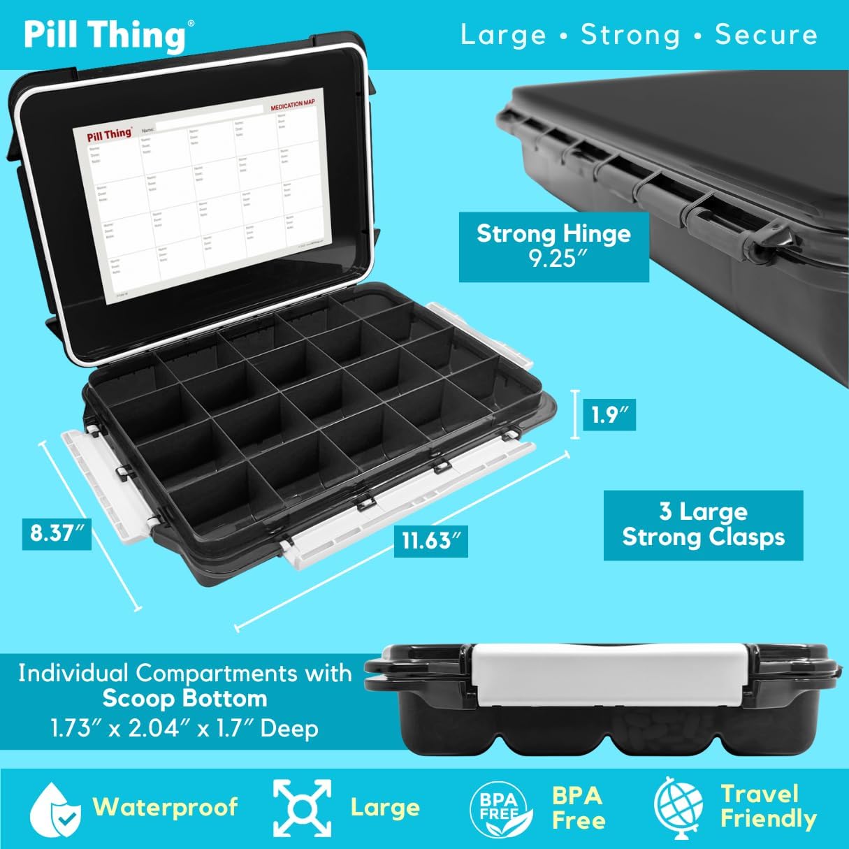 20 Compartment Large Pill Case with Airtight Seal - Silicone Gasket Waterproof Med Box with Medication Map (Black Combo Pack - 20 & 12)