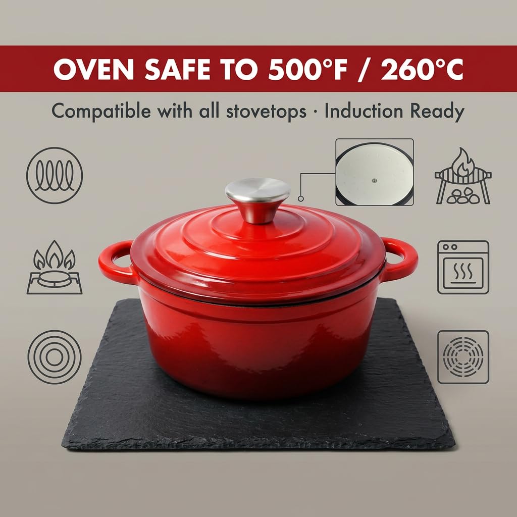 Forno olandese in ghisa con coperchio, pentola da 2 l/Ø 20 cm, smaltata, antiaderente, casseruola rotonda compatibile con tutti i fornelli e forni (rosso)