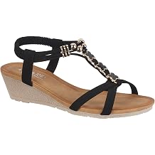 Jo & Joe Ladies Mid Heel Wedge Comfort Sandal with Glitzy Jewels and Elasticated Slingback Strap, Flexible sole sizes 4-8