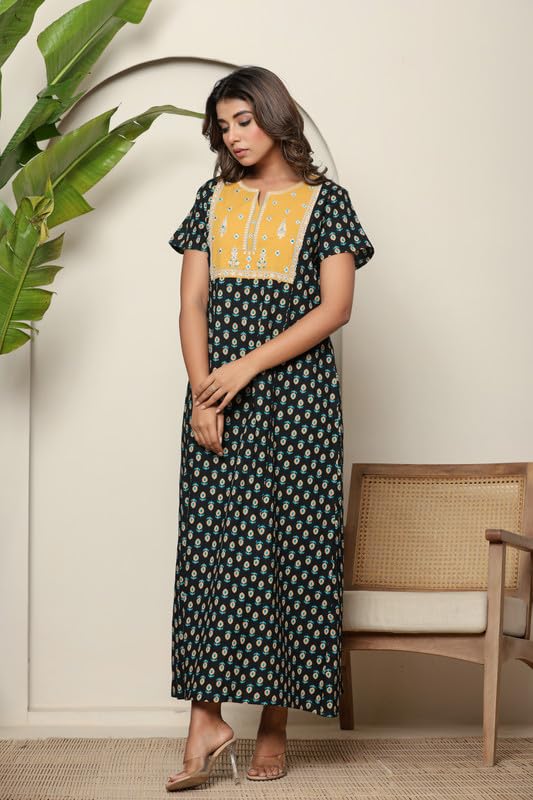 Image of NIHSAMAH Cotton Nighty for Women - Embroidered & Printed Stylish Night Gown, Comfortable Sleepwear Long Nightwear, Maxi