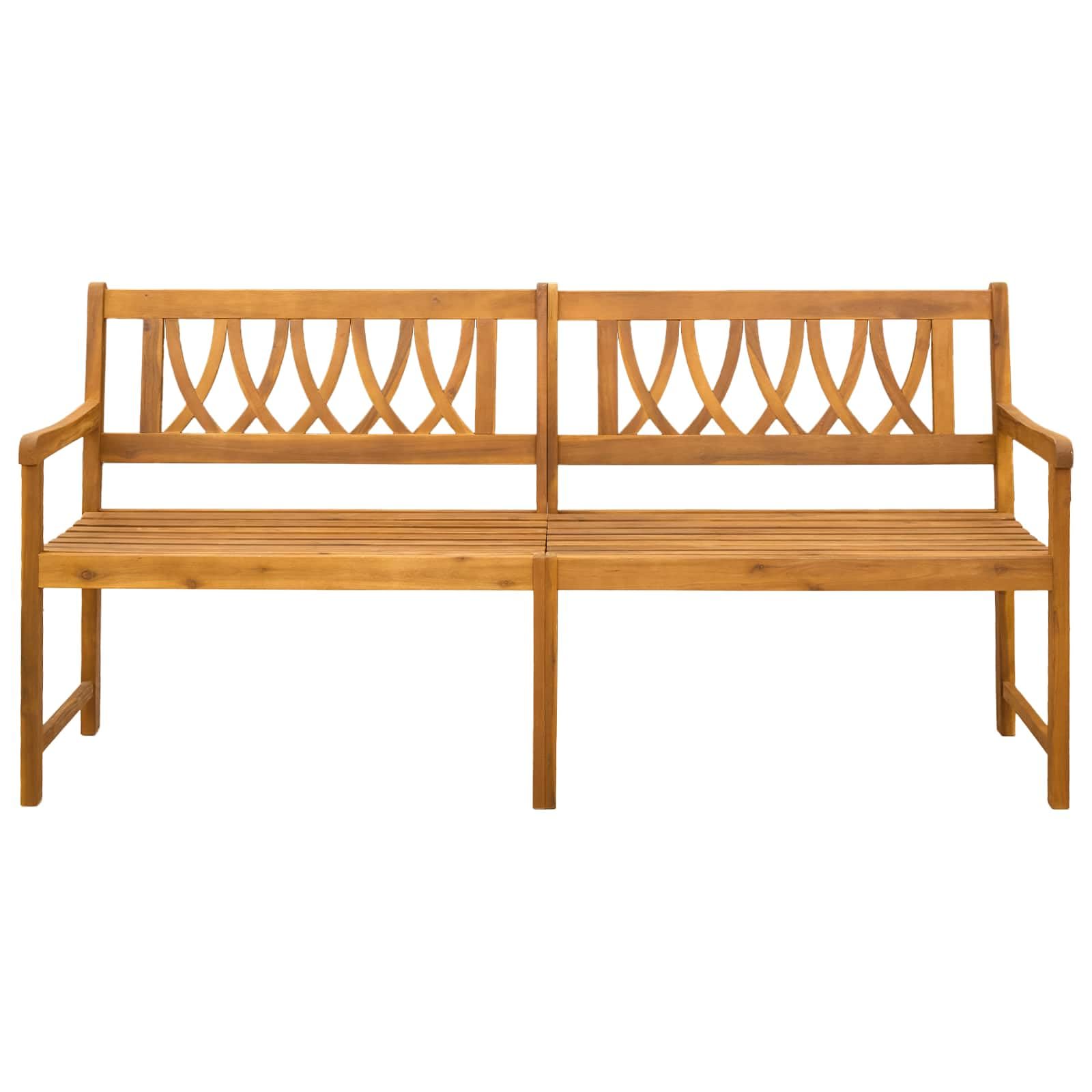Banco de jardín rústico de madera maciza de acacia barnizada, 180 x 55,5 x 90 cm, con reposabrazos, grano de madera natural, banco para exteriores, fácil de limpiar