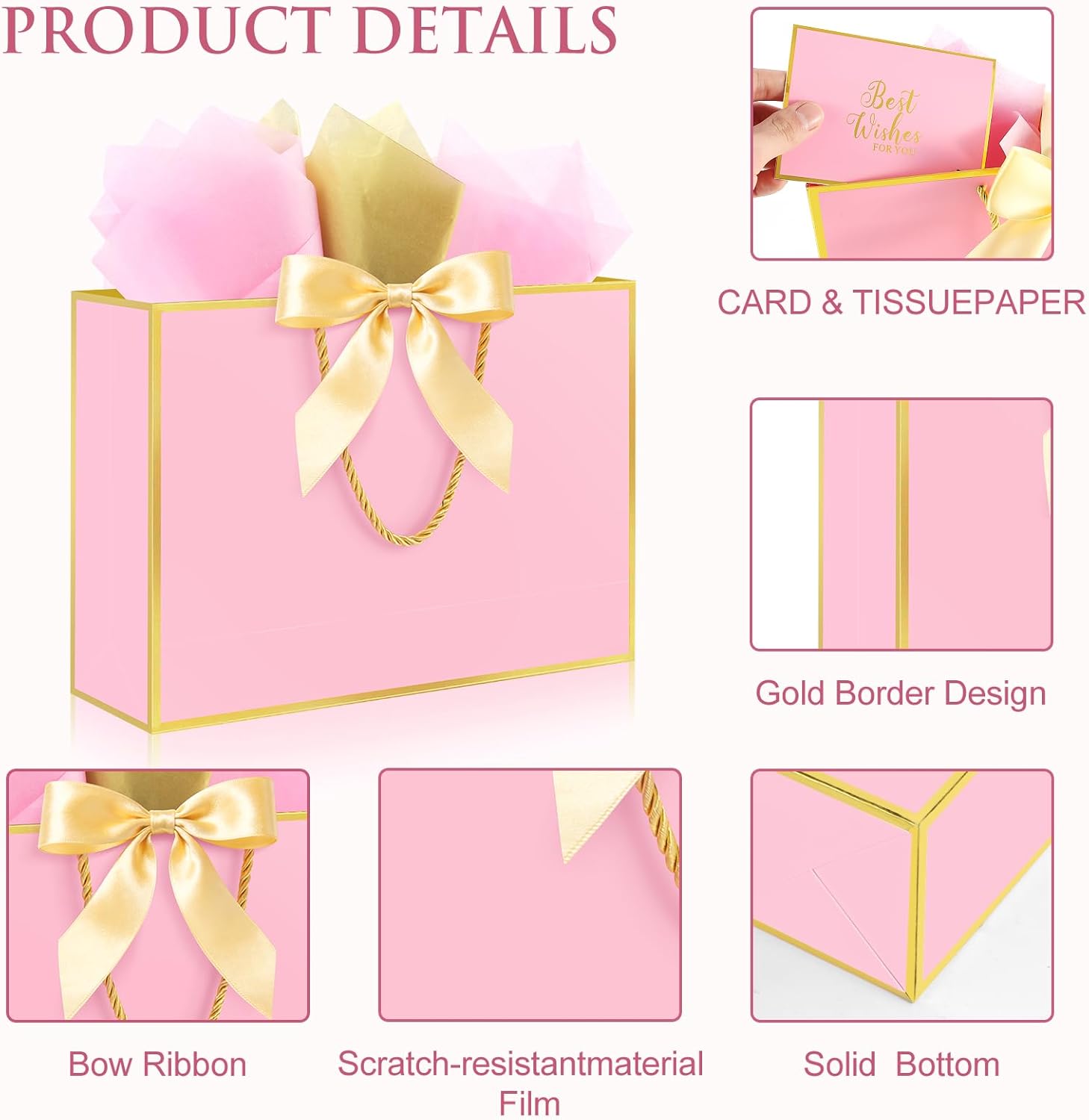 Ethhqu Fancy Large Gift Bags with Handles, 2 Pack 12.6x10x4 Inches - Includes Tissue Paper & Cards for Birthday, Valentine's Day, Baby Shower, Wedding, Anniversary & Holiday Gifts (Pink and Gold) - Image 3
