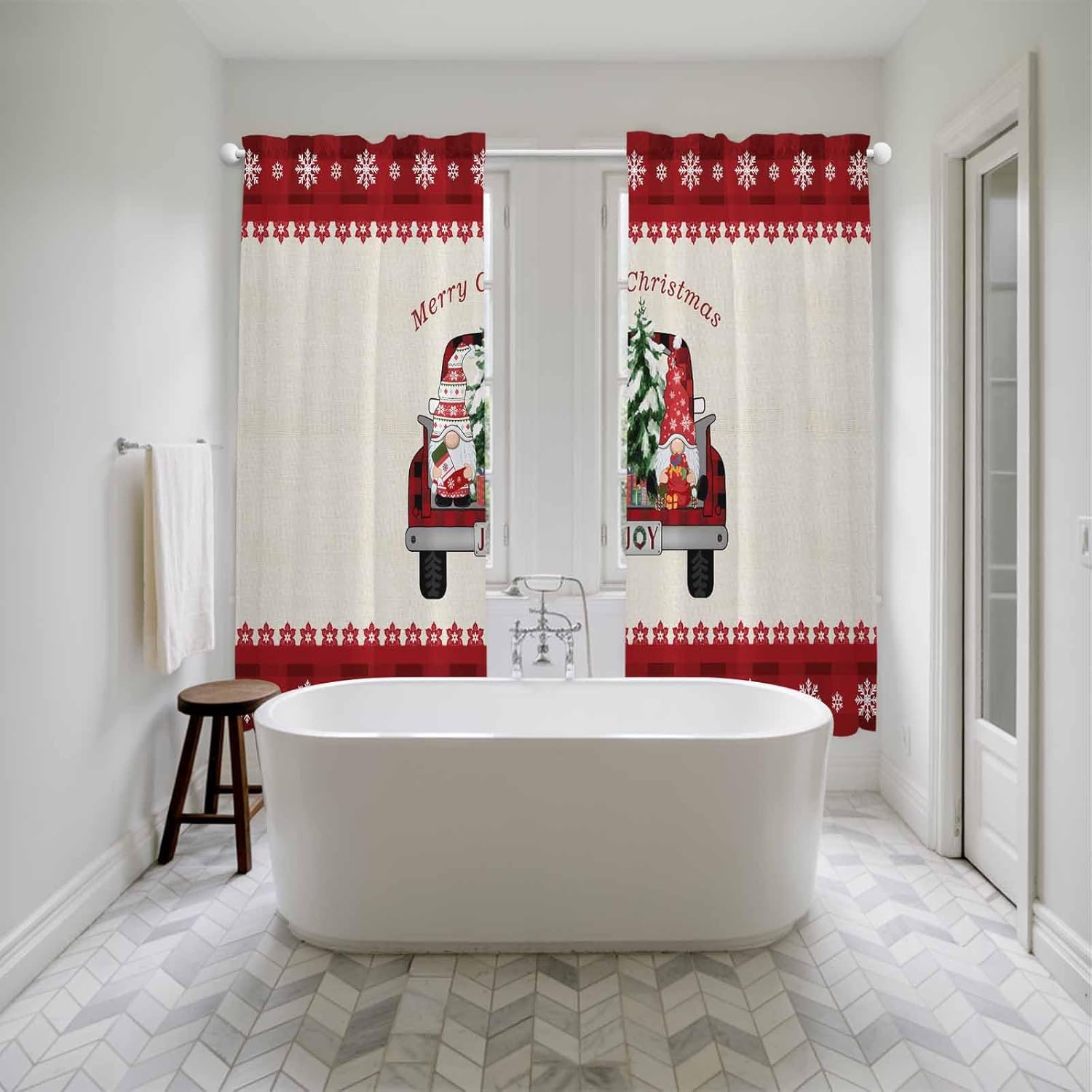 Red Christmas Window Curtains 72 Inch Long 2 Panel Set, Rod Pocket Long Curtains & Drapes, Gnomes Truck Xmas Tree Snowflake Winter Light Filtering Window Treatment for Bedroom Living Room 52"W x 72"L