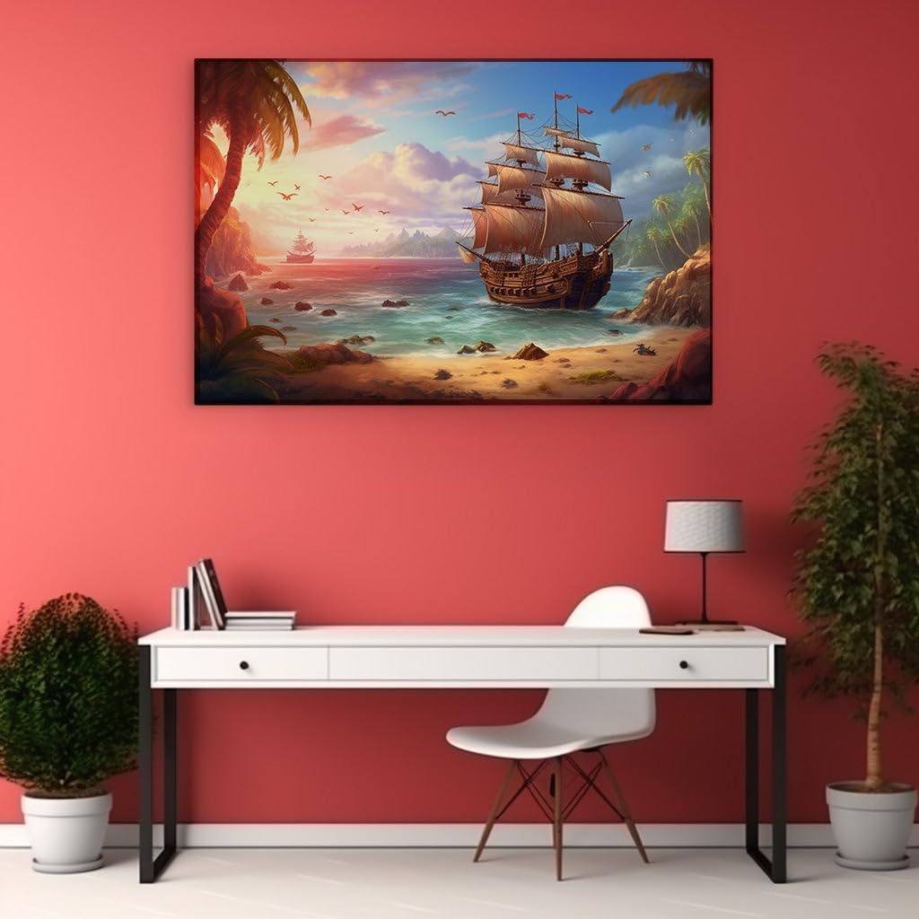 Canvas for Living room. Sailing Through Sunset Serenity: A Rustic Pirate Adventure Unfolds, 27 x 18 inch Canvas Wall Art - Contemporary Masterpieces - Modern Home Decor - 69x46 cm (27x18 inch)