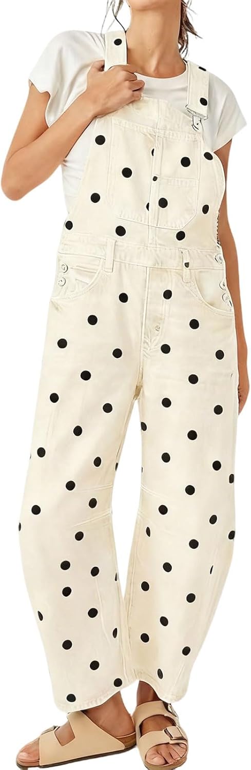 utcoco Women's Polka Dot Denim Overalls Loose Fit Barrel Leg Adjustable Strap Hip Hop Jumpsuits