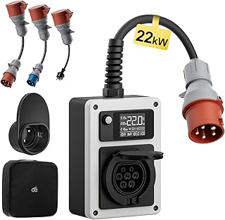 dé Borne de Recharge Véhicule Électrique 22kW 32A Kit d'Adaptateurs de Voyage avec Fiche CEE et Prise de Type 2, Compatible avec E-208, Model Y/3, Mégane E-Tech, 500e et Autres EV/PHEV