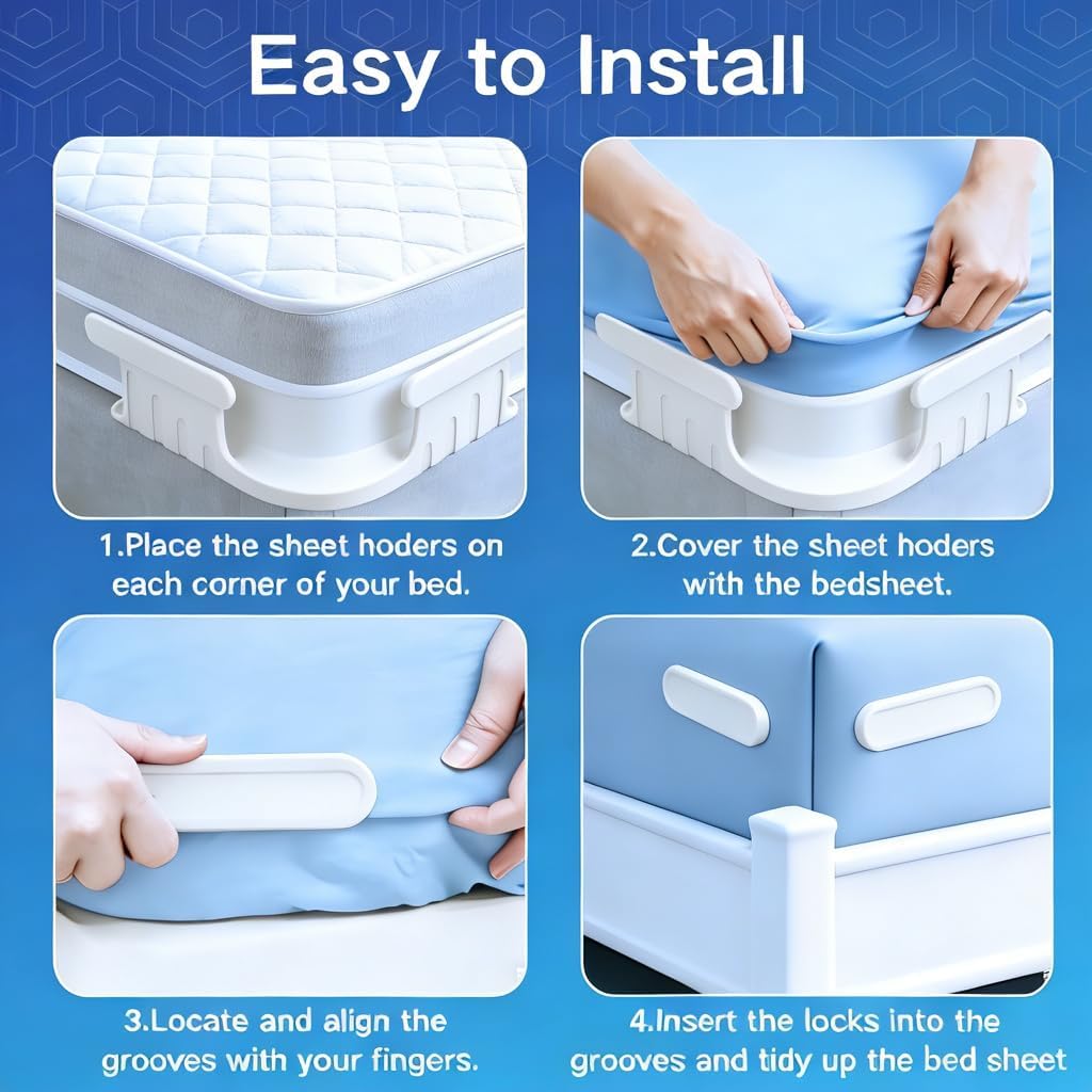 Bed Sheet Holders for Corners, Lock Sheet Holders, 4Pcs Fitted Sheet Holders Keep Sheets Firm & Tight, Durable Heavy Duty Bed Sheet Clips, Sheet Locks, Fit All Mattress Easy Install - White