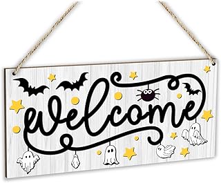 Welcome Halloween Wooden Hanging Sign, Home Fall Spooky Ghost Wood Sign Plaque for Front Door, Happy Halloween Porch Yard Decor Wall Art Sign, Indoor Outdoor Halloween Party Supplies -27