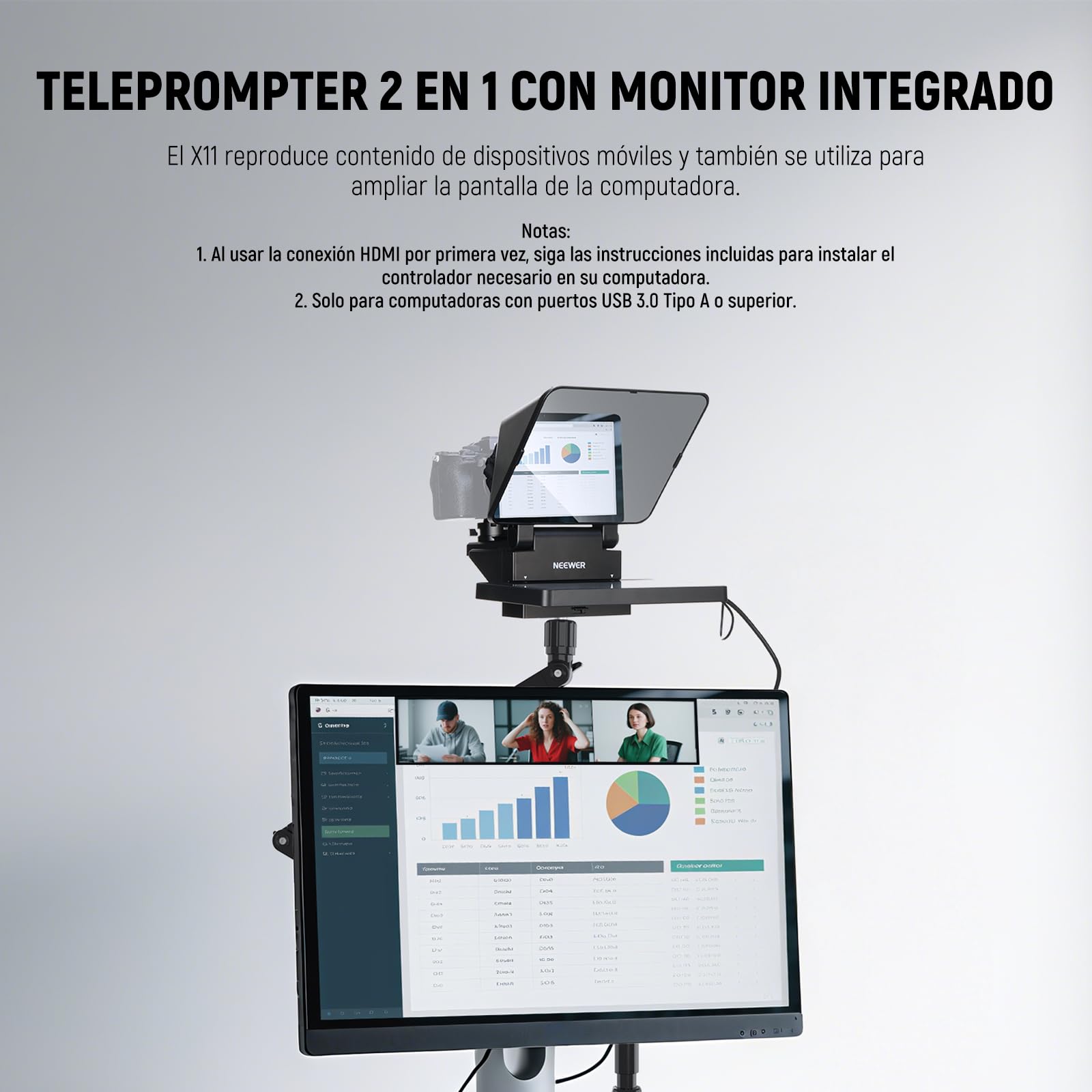 NEEWER Actualizado 2 En 1 Teleprompter 11" con Monitor para Windows MacOS, Admite Duplicación Pantalla, Portátil Prompter para Cámara Teléfono Webcam Youtube Twitch Streaming Videoconferencia, X11