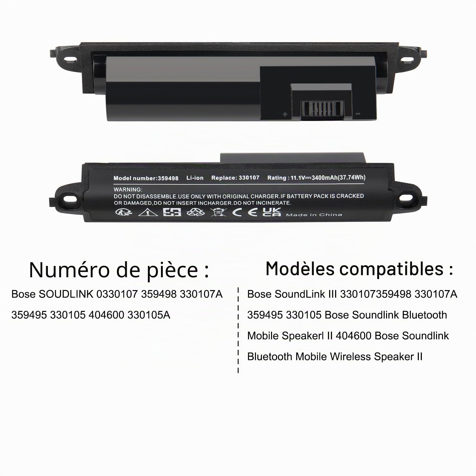 11.1V 3400mAh 359495 Batterie pour Bose SoundLink III 330107 359498 330107A 359495 330105 330105A Batterie de rechange pour Bose SoundLink Bluetooth Mobile Speaker II 404600