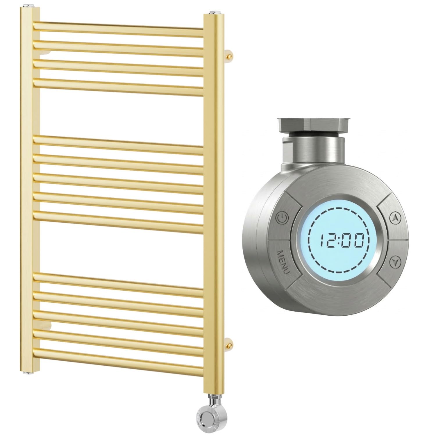 Go Bathrooms Nola 770 x 500mm Electric Heated Towel Rail Gold Smart Bathroom Radiator Wall Mounted Ladder Rack Energy Efficient Electric Towel Warmer 300 Watts