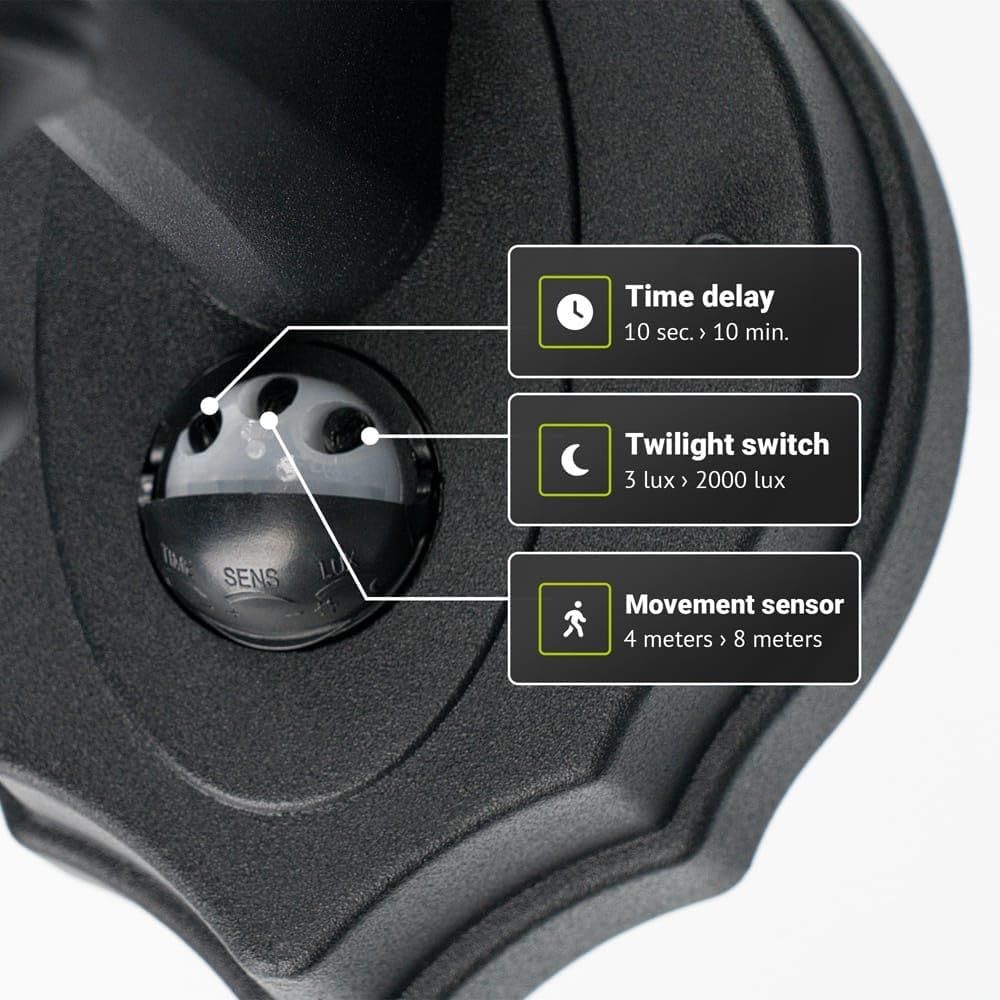 Gambaran jarak deukeut kontrol sénsor gerak dina lampu témbok HOFTRONIC Huron, nu némbongkeun dial pikeun rentang Time Delay, Twilight Switch, sareng Movement Sensor.