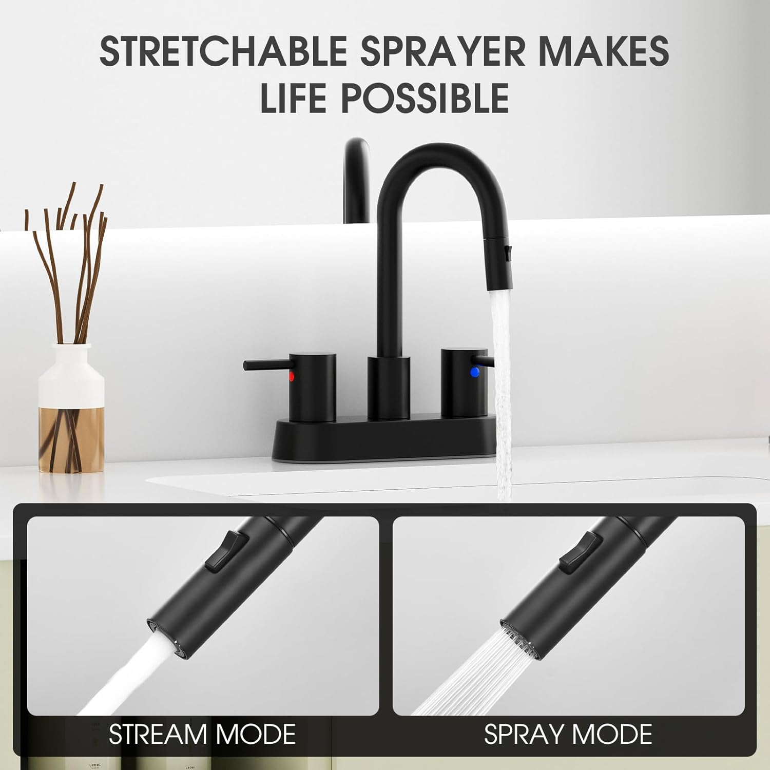 Stainless Steel Matte Black Bathroom Faucet with Pull Out Sprayer, Black Dual-Function Spout Bathroom Sink Faucet, 4 Inch Two Handle Utility Sink Faucet with Sprayer 3 Hole, Pet Shower, RVs