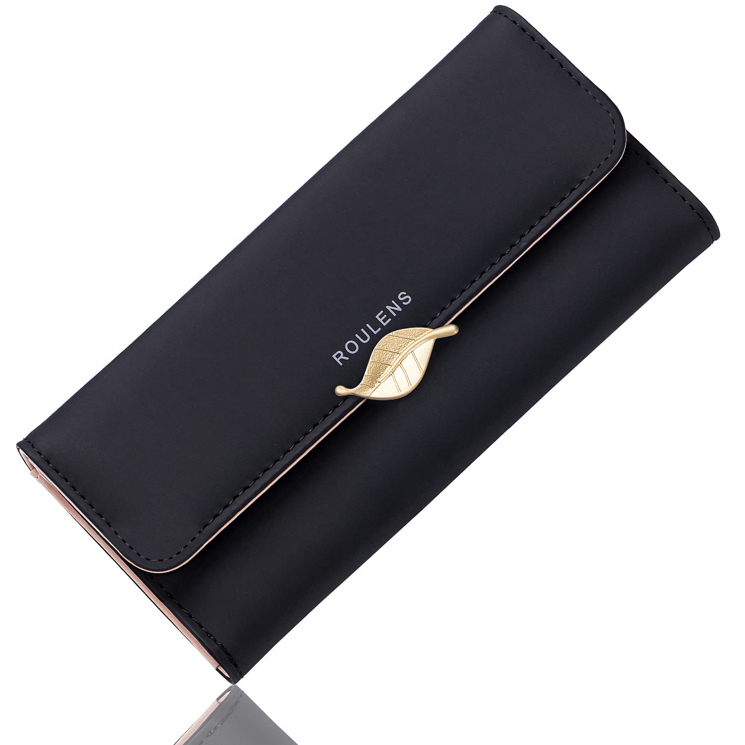 Roulens Wallet for Women RFID Blocking PU Leather Leaf Pendant Card Holder Phone Checkbook Organizer Zipper Coin Purse, Z/Black-L, Large