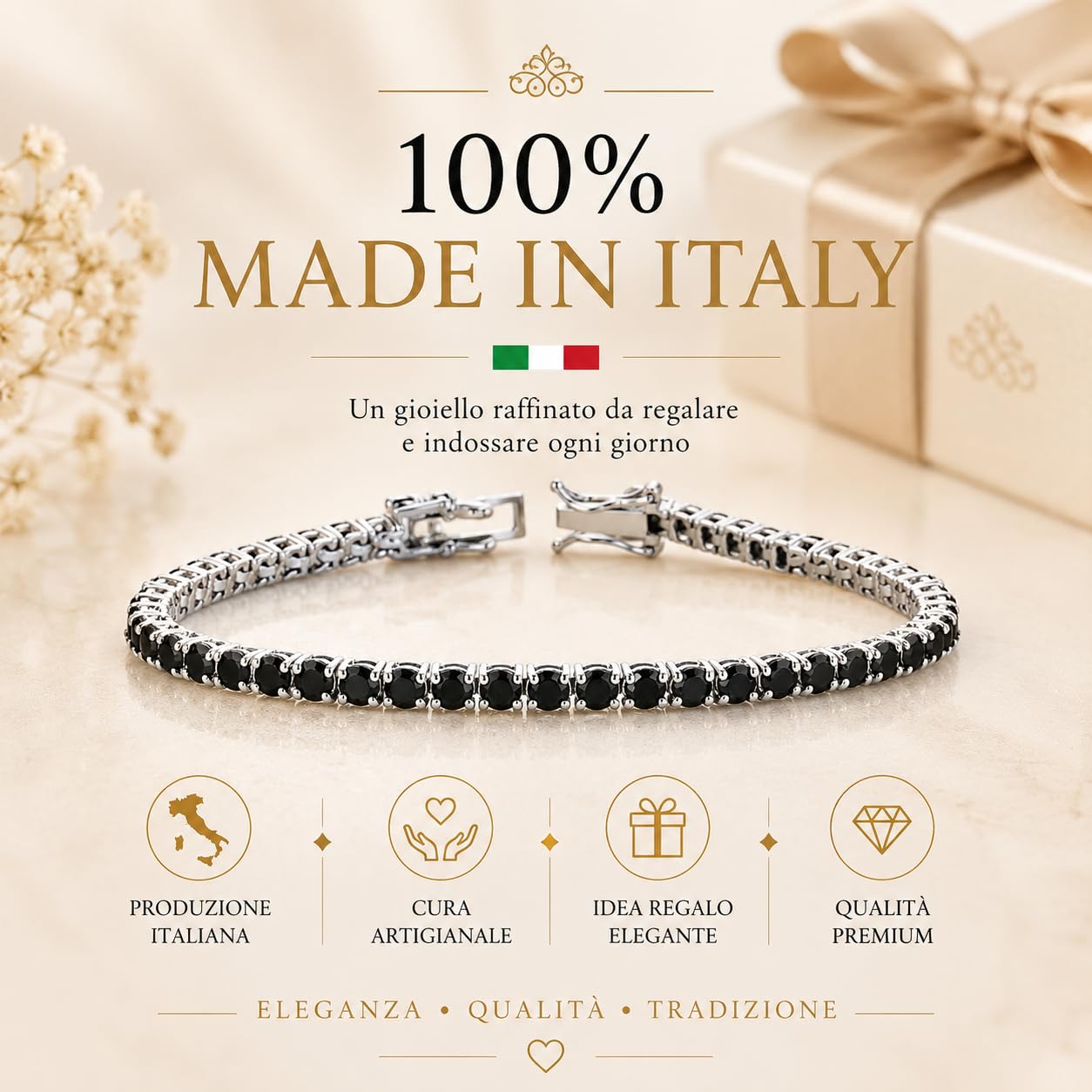 Donipreziosi Bracciale Tennis in Argento 925 Rodiato con Zirconi, Made in Italy - Taglio Brillante 3 mm – Gioiello Unisex Uomo Donna Nickel Free – Varie Lunghezze